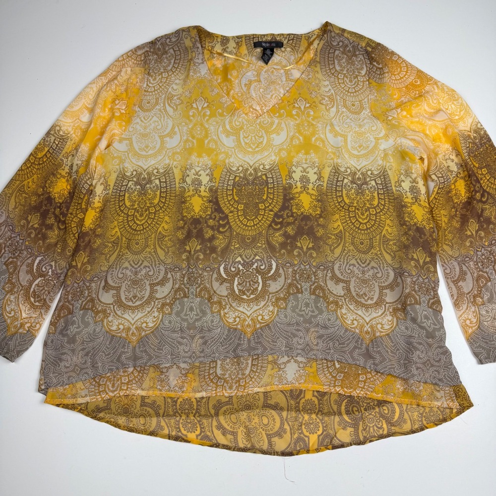 Style & Co Womens XL Yellow Brown Paisley Ombre V-Neck Blouse Rhinestone Top
